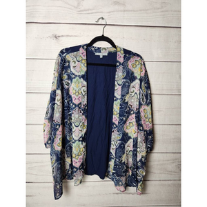 Daniel‎ Rainn Womens Kimono Blue Floral Open Front Long Sleeve Waterfall S